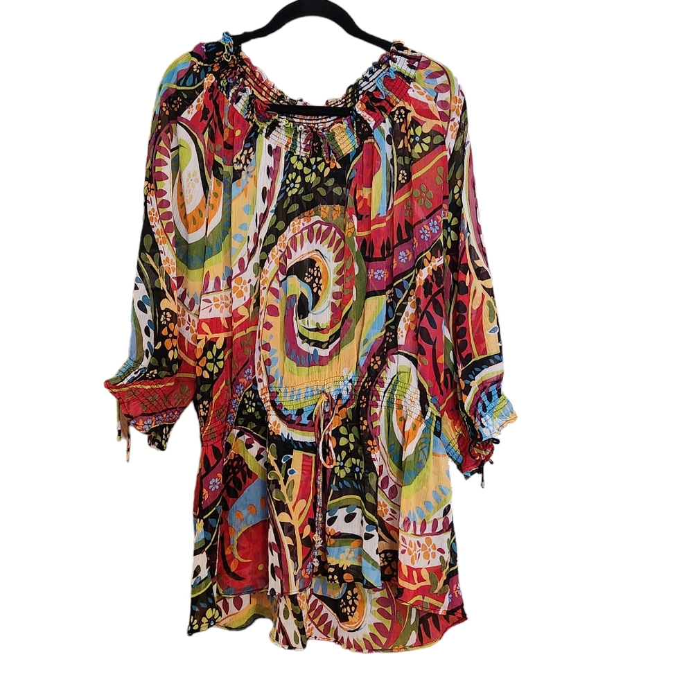JW Woman Blouse Wild, bright, Chiffon print. Tie waist & Sleeves, sz 2X
